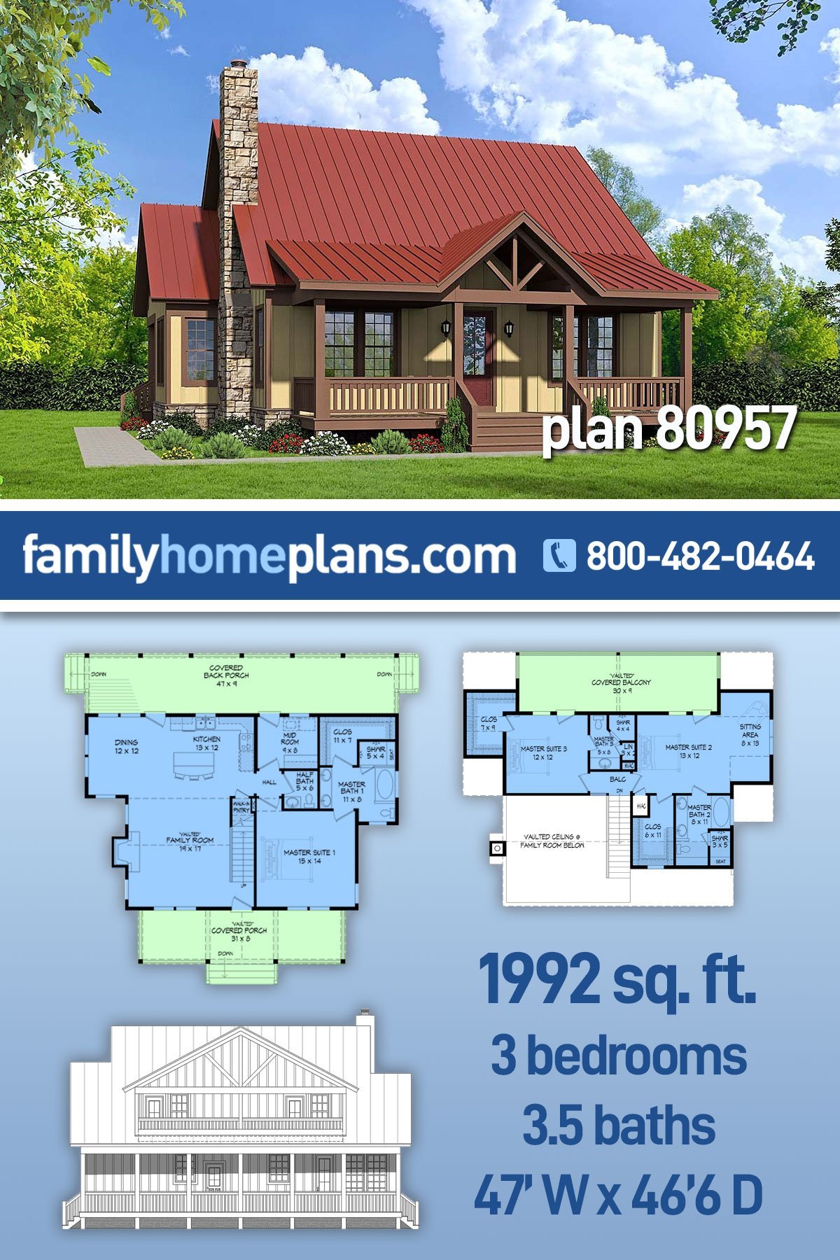 Plan 80957 | Traditional Style with 3 Bed, 4 Bath