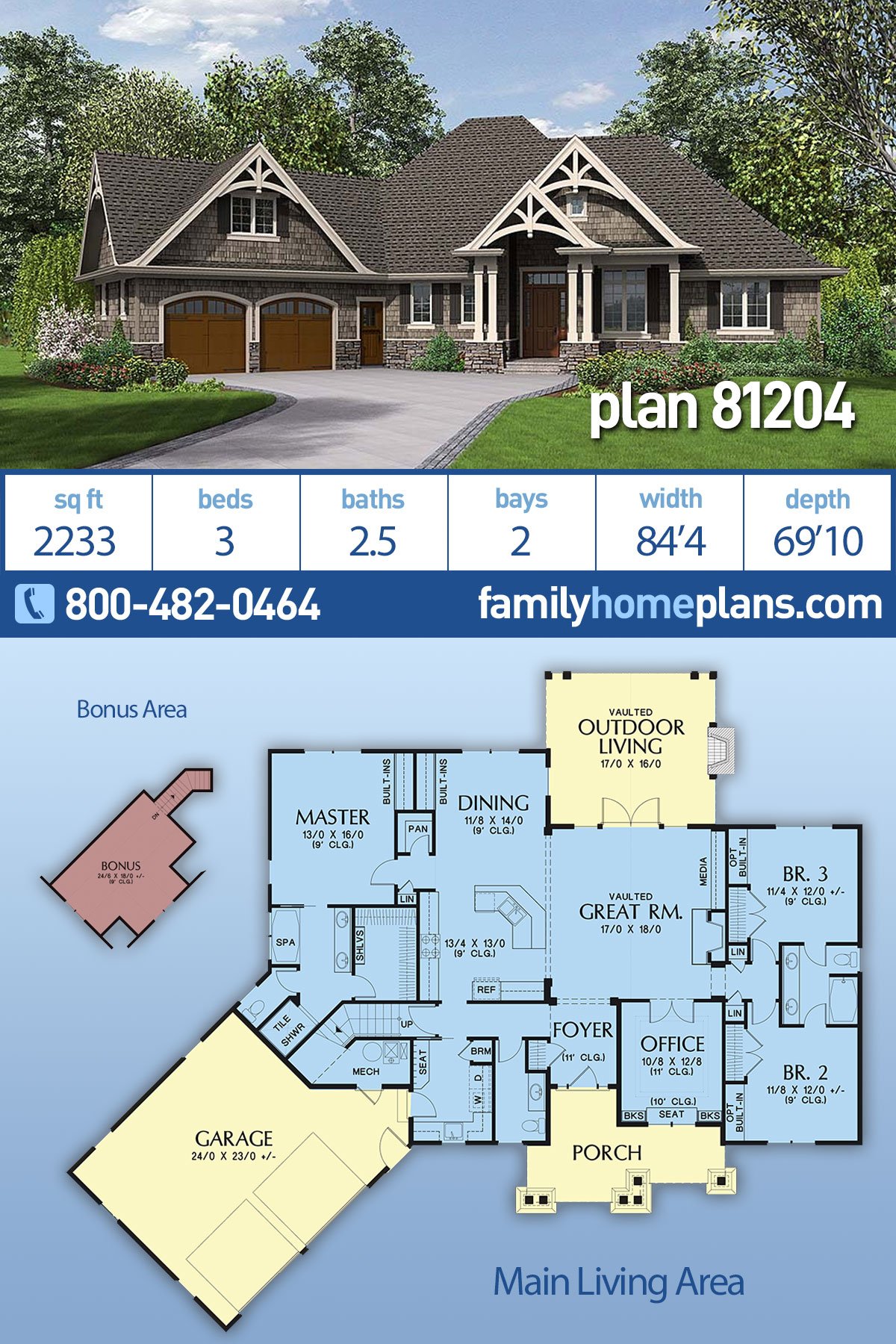 Country, Craftsman House Plan 81204 with 3 Bed, 3 Bath, 2 Car Garage