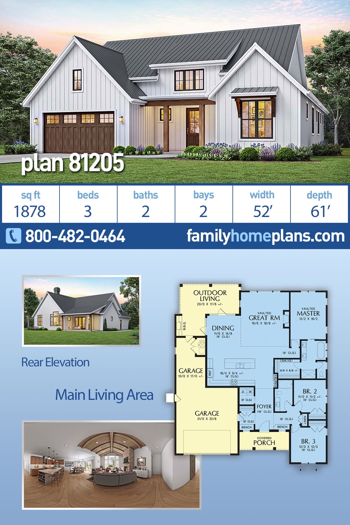 Country, Craftsman, Farmhouse House Plan 81205 with 3 Bed, 2 Bath, 2 Car Garage