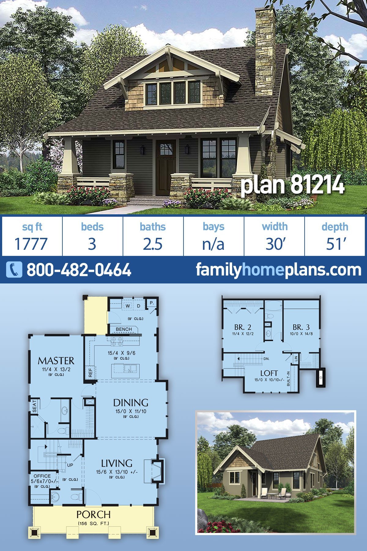Bungalow, Cottage, Craftsman House Plan 81214 with 3 Bed, 3 Bath