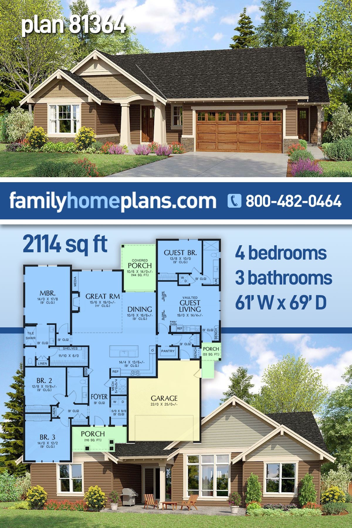 Plan 81364 | Craftsman Style House Plan with Separate Guest Suite