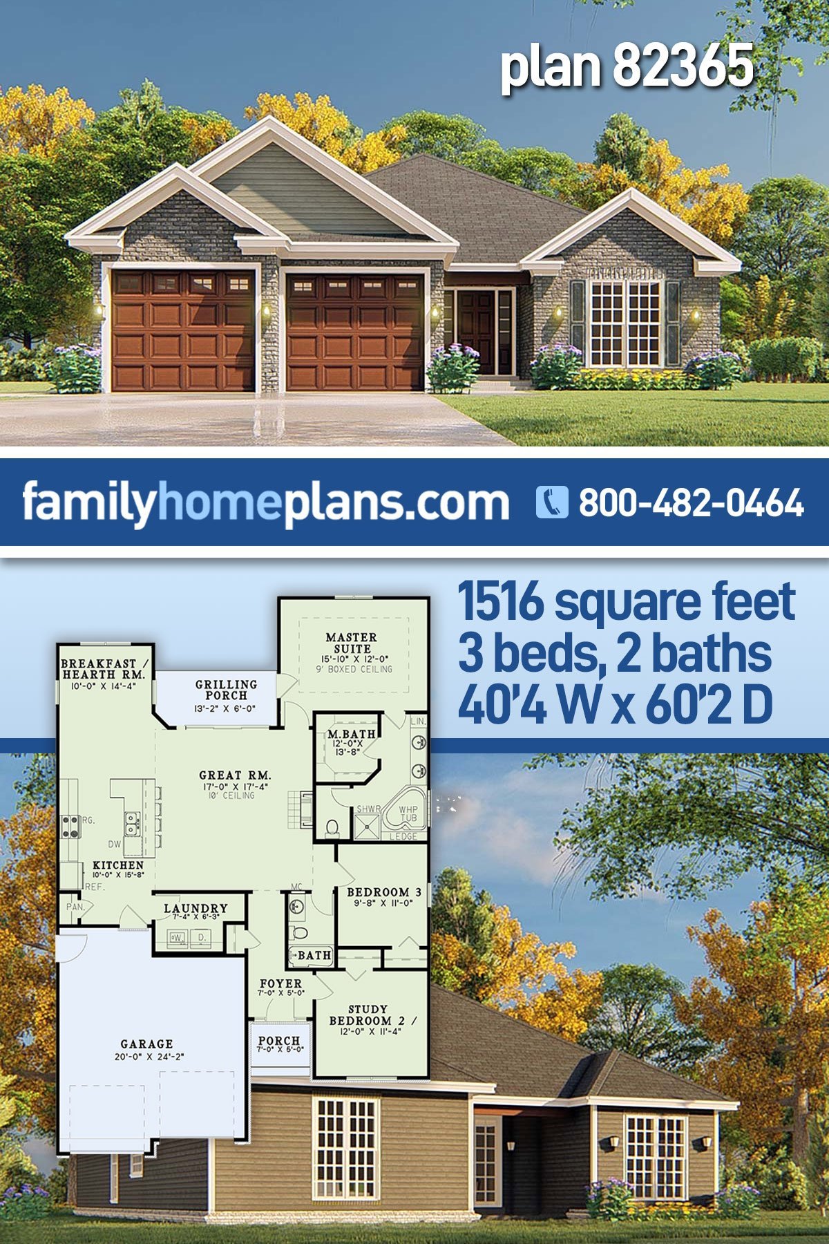 Traditional House Plan 82365 with 3 Bed, 2 Bath, 2 Car Garage