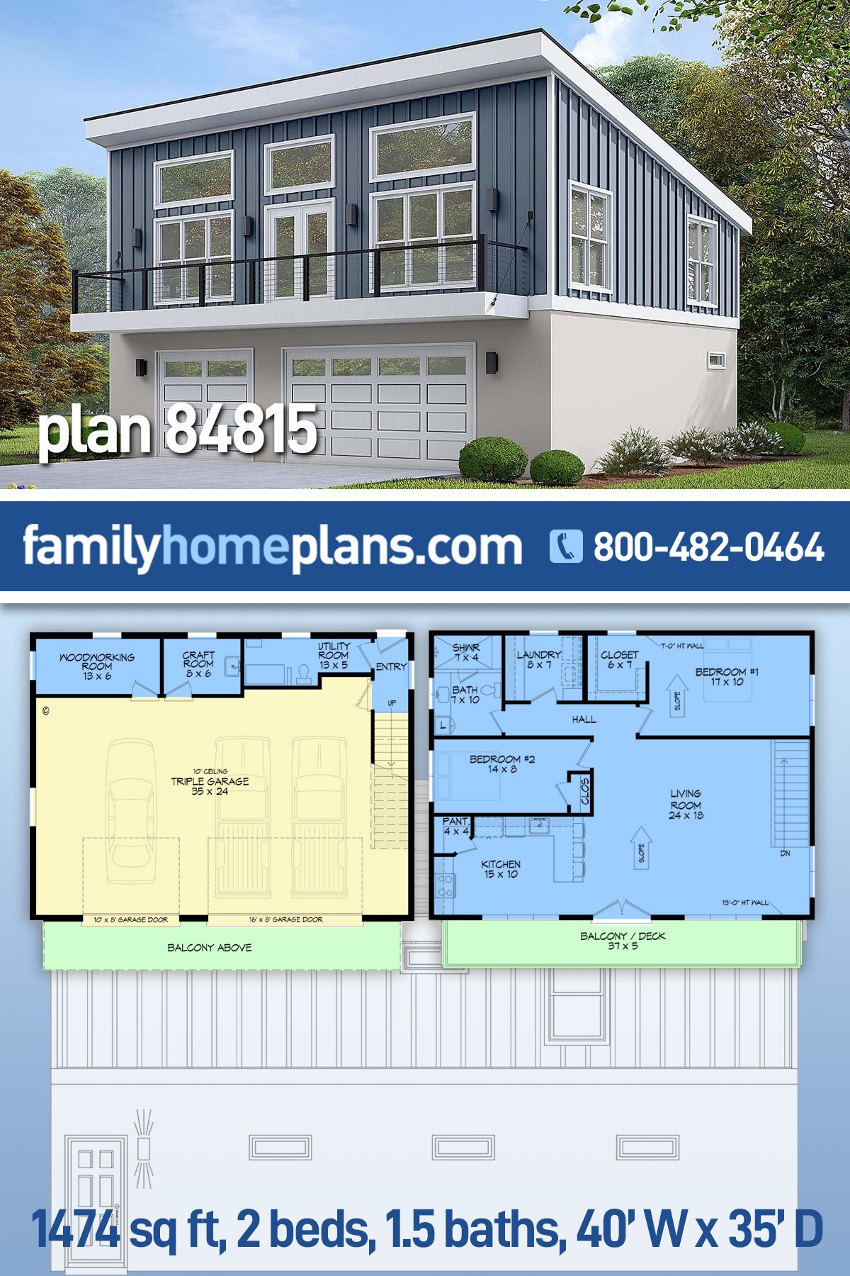 Garage-Living Plan 84815