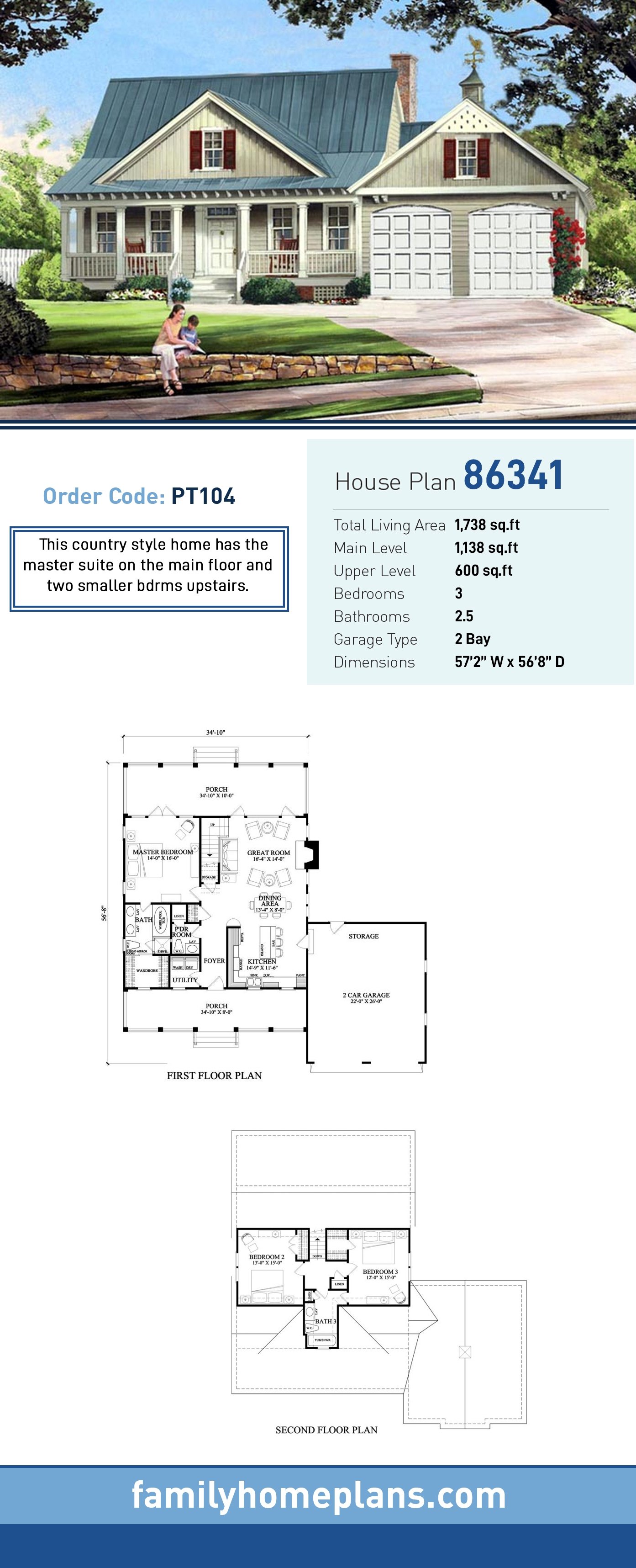 Plan 86341 | Farmhouse Style with 3 Bed, 3 Bath, 2 Car Garage