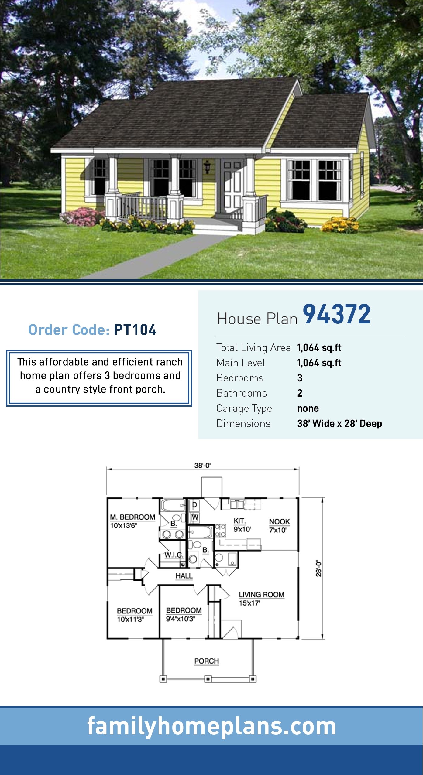Country, Ranch House Plan 94372 with 3 Bed, 2 Bath