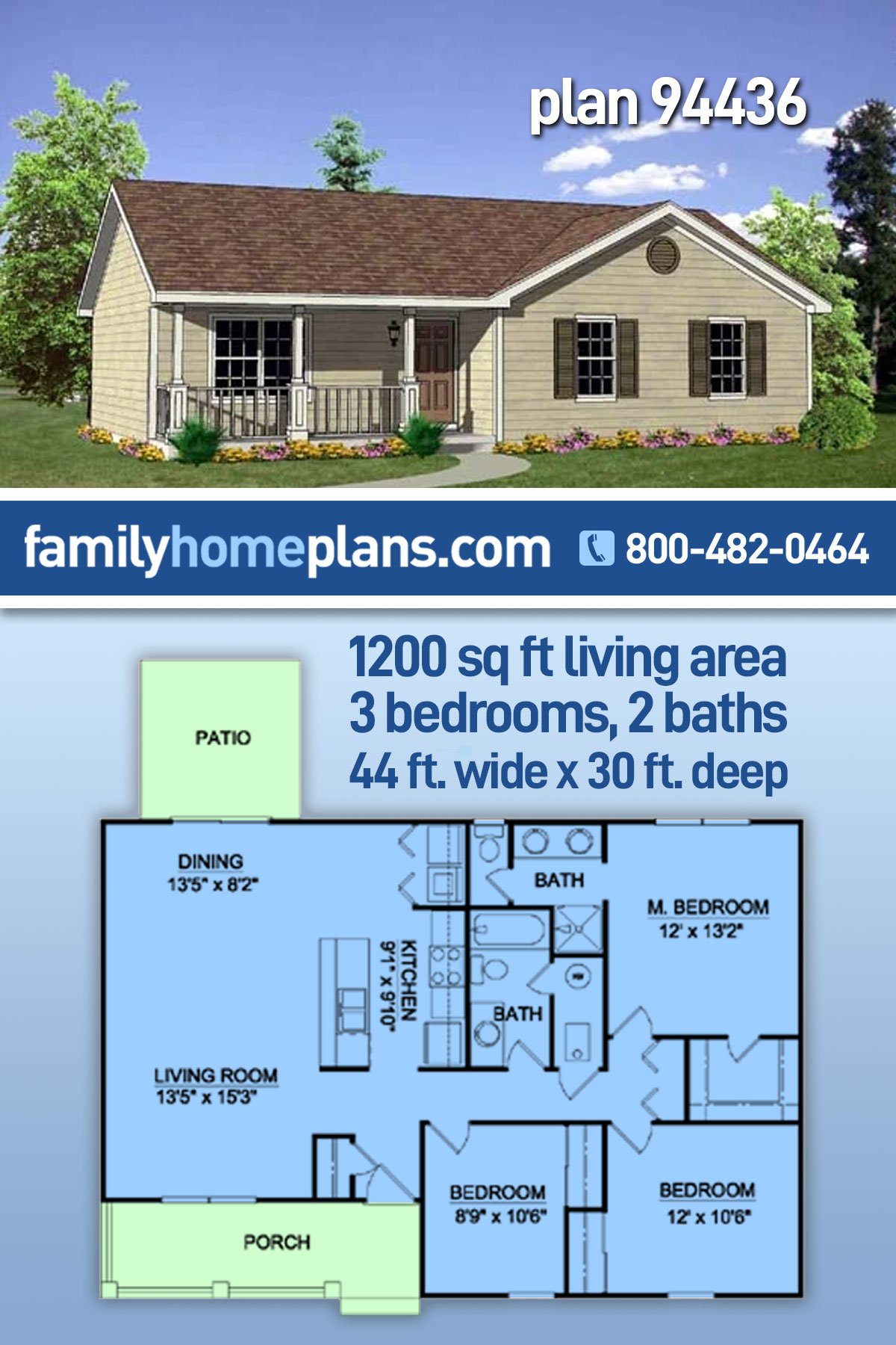 Plan 94436 | Ranch Style with 3 Bed, 2 Bath