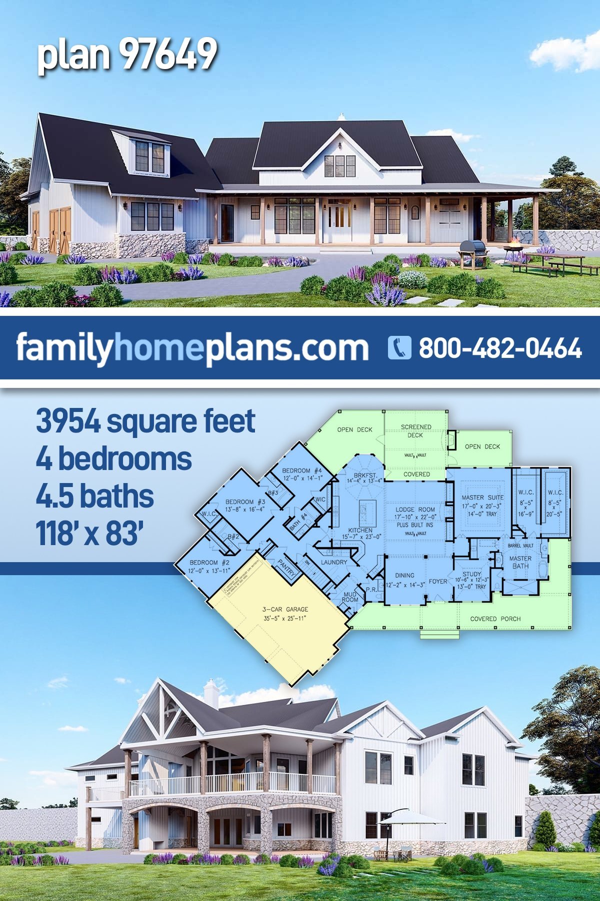 Plan 97649 | Southern Farmhouse Plan 97649 with 4 Beds, 4.5 Baths