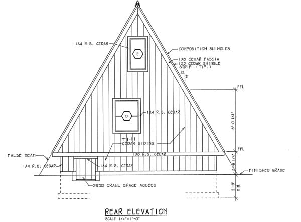 A-Frame, Contemporary, Retro Plan with 1075 Sq. Ft., 2 Bedrooms, 1 Bathrooms Rear Elevation