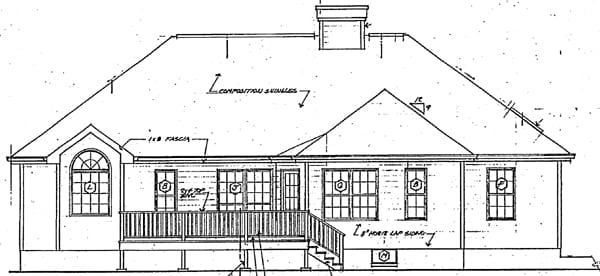 Country, Southern, Traditional Plan with 1821 Sq. Ft., 3 Bedrooms, 2 Bathrooms, 2 Car Garage Rear Elevation