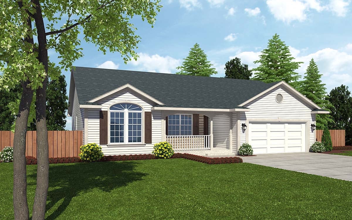 Cottage, Country, Ranch, Southern, Traditional Plan with 1312 Sq. Ft., 3 Bedrooms, 2 Bathrooms, 2 Car Garage Elevation