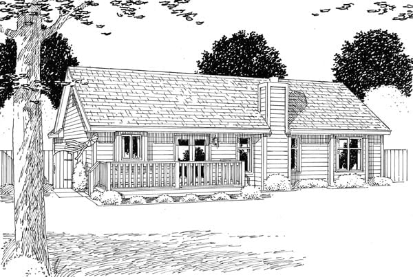 Cottage, Country, Ranch, Southern, Traditional Plan with 1312 Sq. Ft., 3 Bedrooms, 2 Bathrooms, 2 Car Garage Rear Elevation