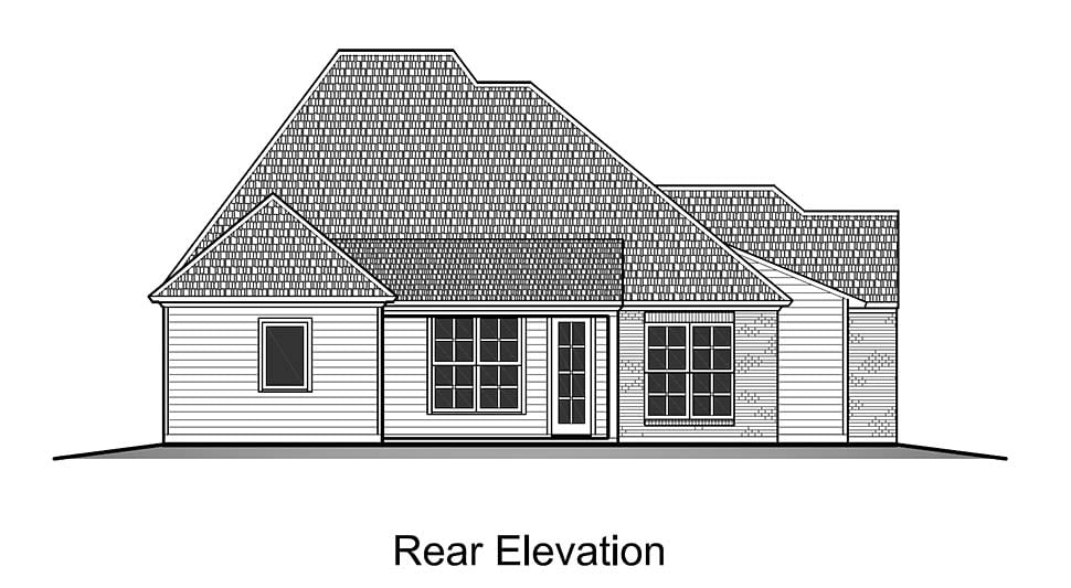 European, French Country Plan with 1609 Sq. Ft., 3 Bedrooms, 2 Bathrooms, 2 Car Garage Rear Elevation