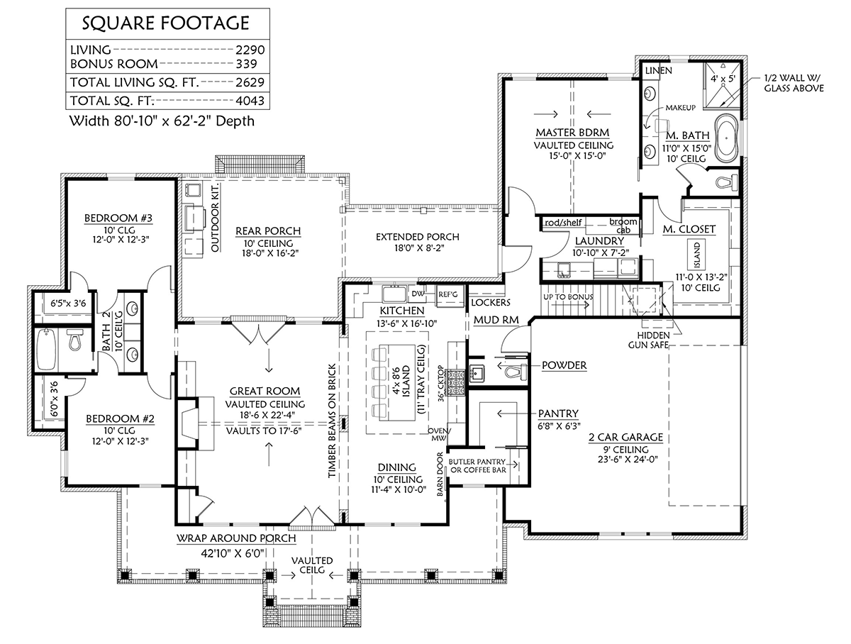 Cottage, Country, Craftsman, Farmhouse House Plan 41413 with 3 Bed, 3 Bath, 2 Car Garage Level One