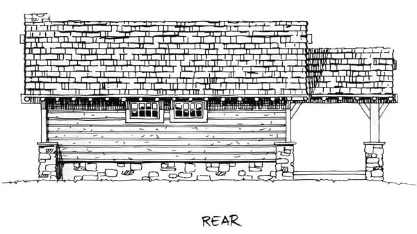 Cabin, Cottage, Craftsman Plan with 681 Sq. Ft., 2 Bedrooms, 2 Bathrooms Rear Elevation