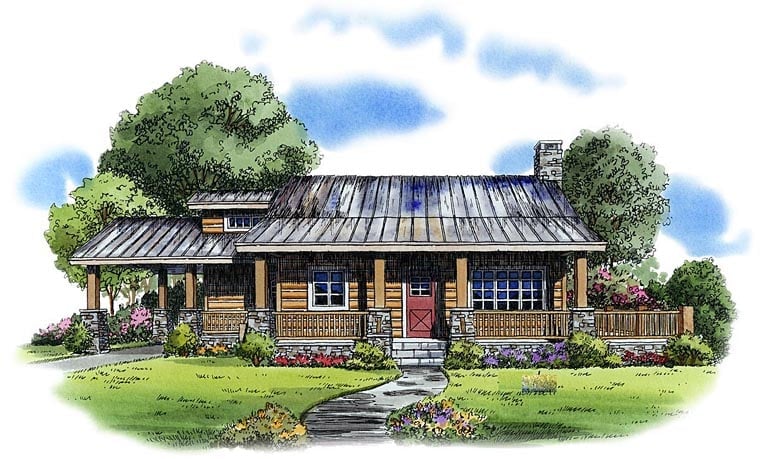 Cabin, Country, Log Plan with 1054 Sq. Ft., 2 Bedrooms, 1 Bathrooms, 1 Car Garage Elevation