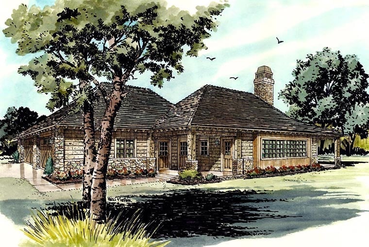 Country, Ranch Plan with 727 Sq. Ft., 1 Bedrooms, 1 Bathrooms, 2 Car Garage Elevation