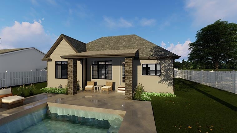 Cottage, European, Traditional Plan with 1878 Sq. Ft., 3 Bedrooms, 2 Bathrooms, 2 Car Garage Rear Elevation