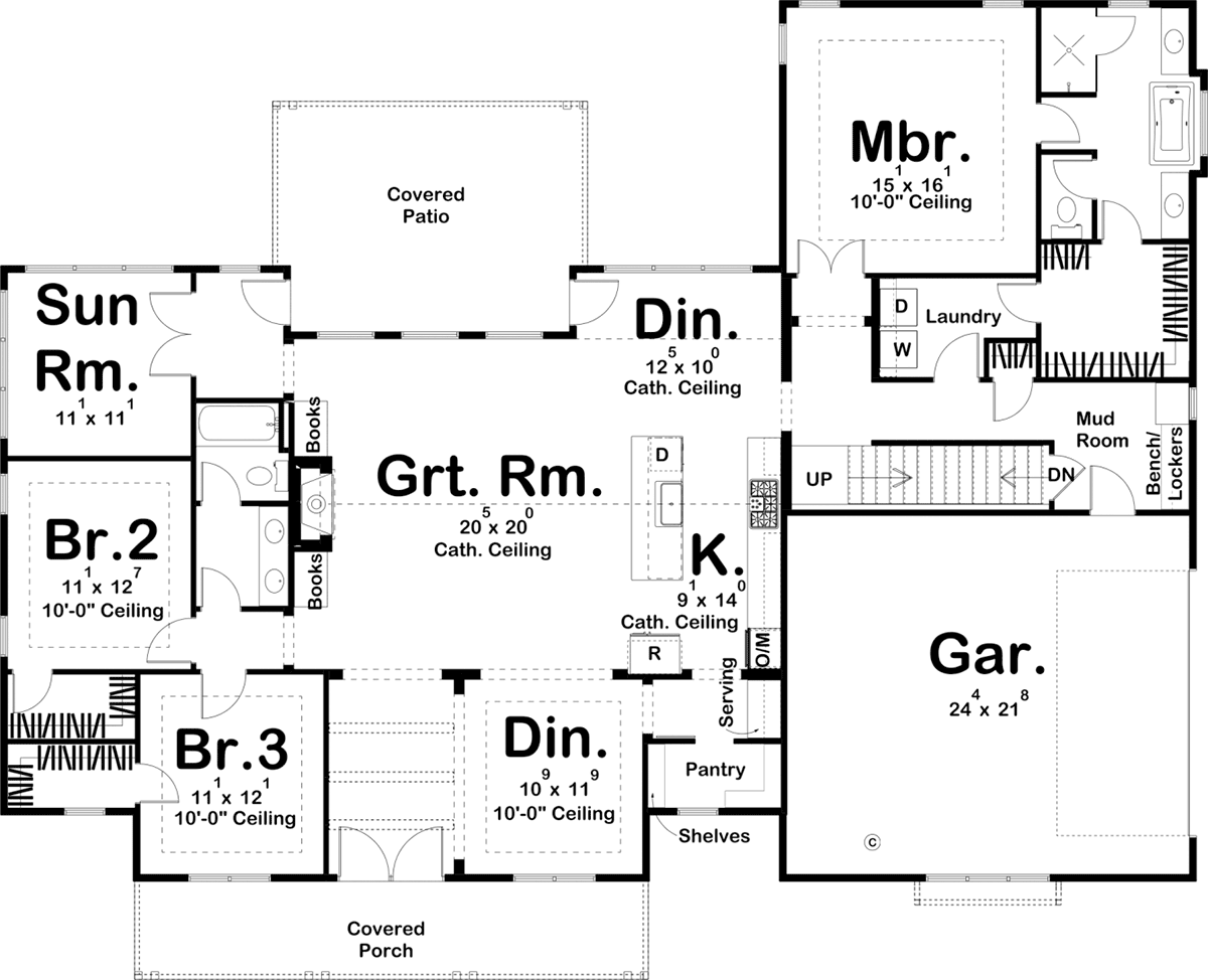 Farmhouse House Plan 44204 with 3 Bed, 2 Bath, 2 Car Garage Level One