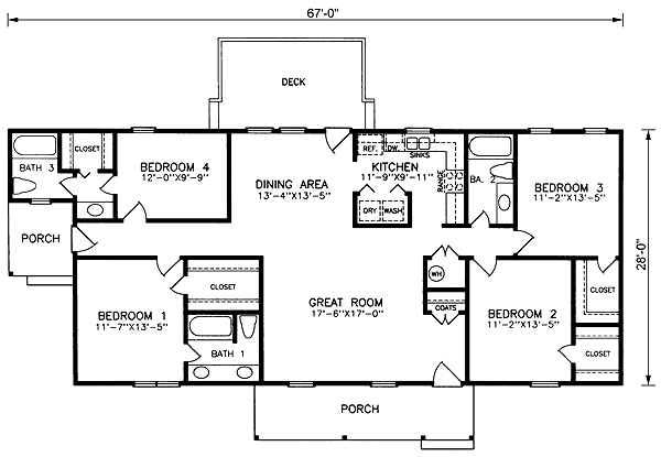 Plan 45375 | Ranch Style with 4 Bed, 3 Bath