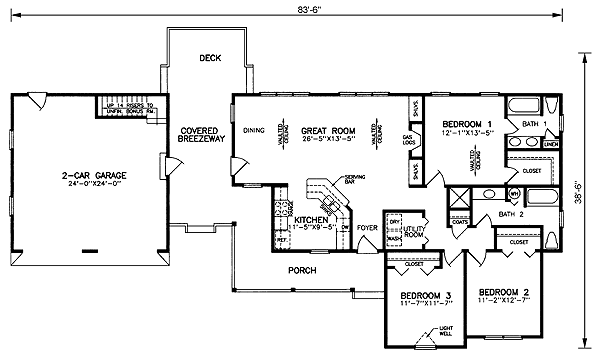 Plan 45386 | Ranch Style with 3 Bed, 2 Bath, 2 Car Garage