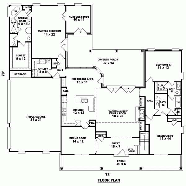 Plan 46945 | One-Story Style with 3 Bed, 3 Bath, 3 Car Garage