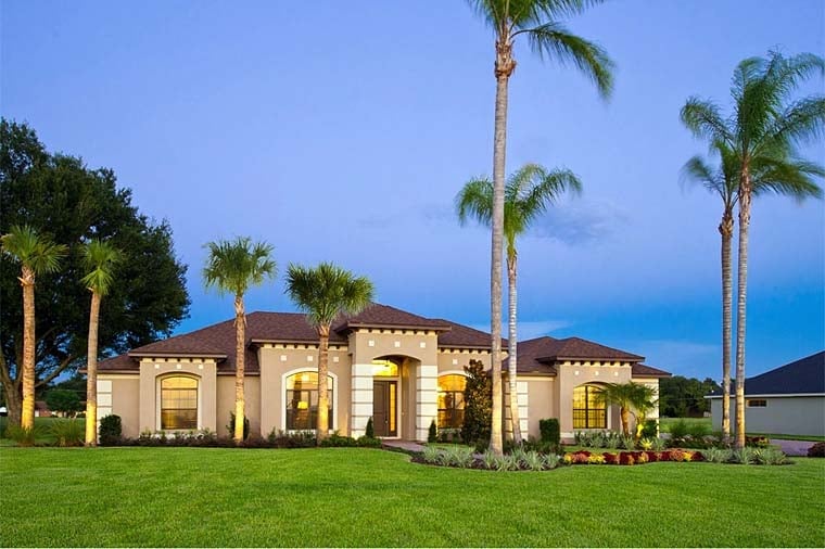 European, Florida, Mediterranean, Southern Plan with 2761 Sq. Ft., 4 Bedrooms, 3 Bathrooms, 3 Car Garage Picture 2