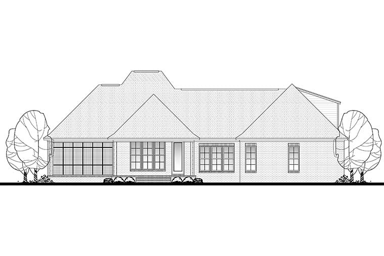 Country, European, French Country Plan with 1953 Sq. Ft., 3 Bedrooms, 2 Bathrooms, 2 Car Garage Rear Elevation