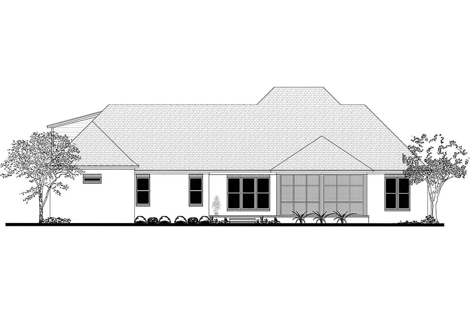 Acadian, French Country, Southern Plan with 2854 Sq. Ft., 3 Bedrooms, 2 Bathrooms, 3 Car Garage Rear Elevation