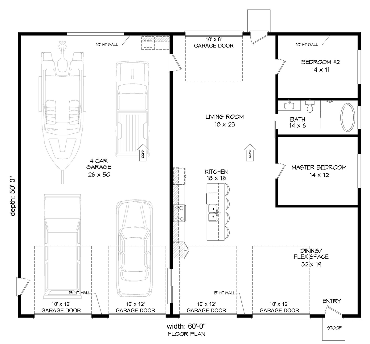 Bungalow, Contemporary, Craftsman Garage-Living Plan 52141 with 2 Bed, 1 Bath, 3 Car Garage Level One