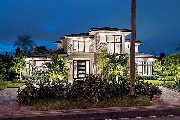 Coastal, Contemporary, Florida, Mediterranean Plan with 4350 Sq. Ft., 4 Bedrooms, 5 Bathrooms, 3 Car Garage Elevation