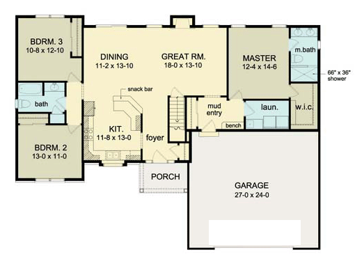 Plan 54089 | Ranch Style with 3 Bed, 2 Bath, 2 Car Garage