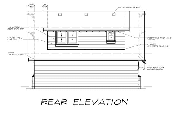 Craftsman Plan with 905 Sq. Ft., 1 Bedrooms, 1 Bathrooms, 2 Car Garage Rear Elevation