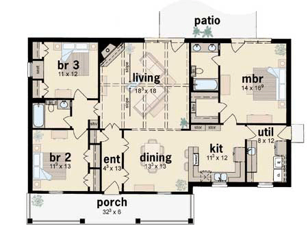 Plan 56085 | Ranch Style with 3 Bed, 2 Bath