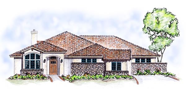 Florida, Mediterranean, One-Story Plan with 2630 Sq. Ft., 3 Bedrooms, 2 Bathrooms, 3 Car Garage Elevation