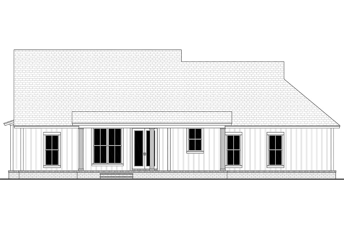 Country, Farmhouse, New American Style, One-Story, Traditional Plan with 1706 Sq. Ft., 3 Bedrooms, 2 Bathrooms, 2 Car Garage Rear Elevation
