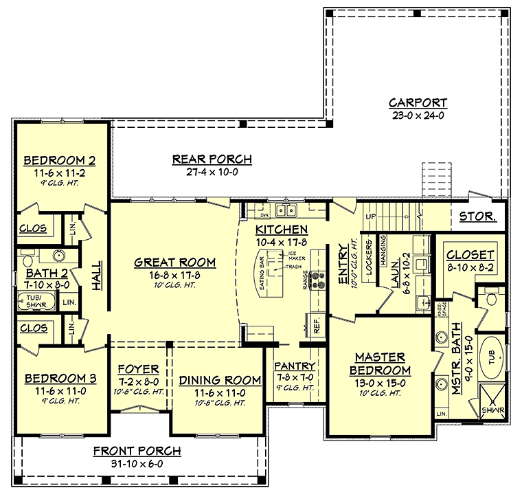Acadian, Country, European, French Country, Southern House Plan 56908 with 3 Bed, 2 Bath, 2 Car Garage Level One