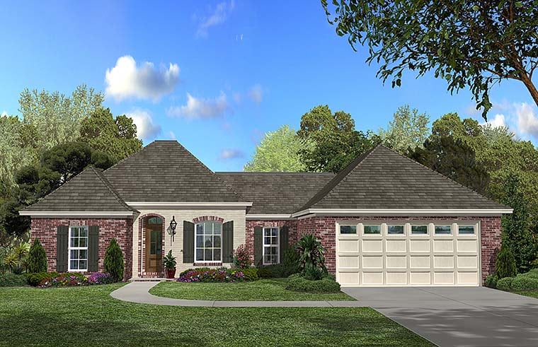Acadian, Country, European, French Country Plan with 1500 Sq. Ft., 3 Bedrooms, 2 Bathrooms, 2 Car Garage Elevation