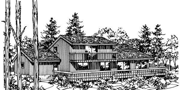 Cabin Plan with 1520 Sq. Ft., 3 Bedrooms, 2 Bathrooms, 1 Car Garage Rear Elevation