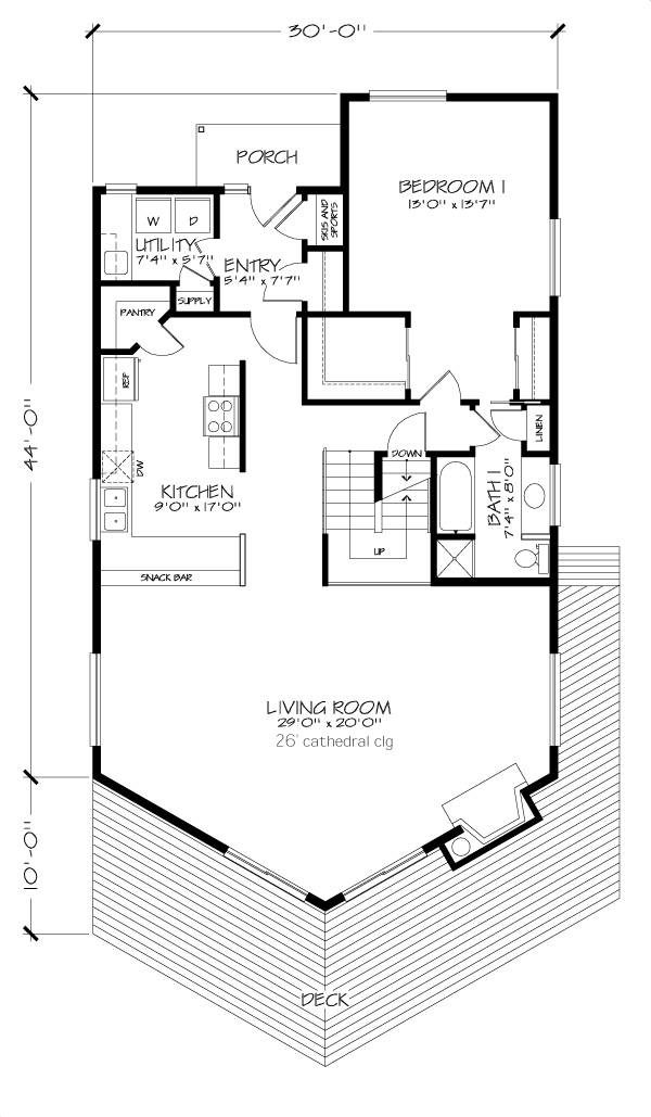 A-Frame, Narrow Lot House Plan 57438 with 3 Bed, 2 Bath, 1 Car Garage Level One