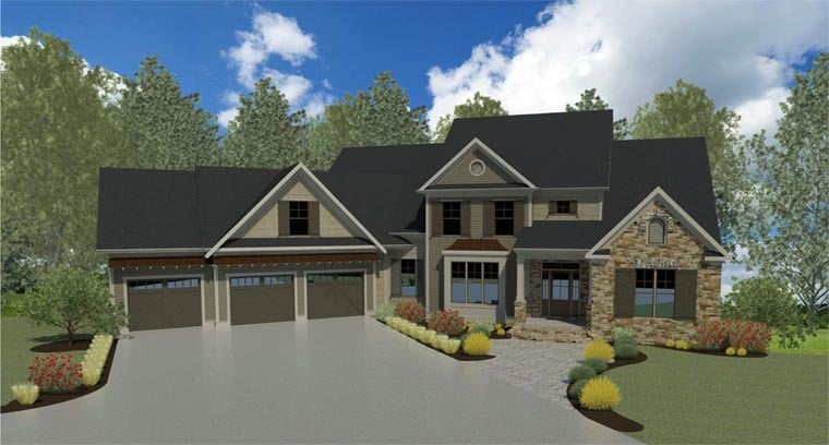 Craftsman, Traditional Plan with 3758 Sq. Ft., 5 Bedrooms, 5 Bathrooms, 3 Car Garage Elevation