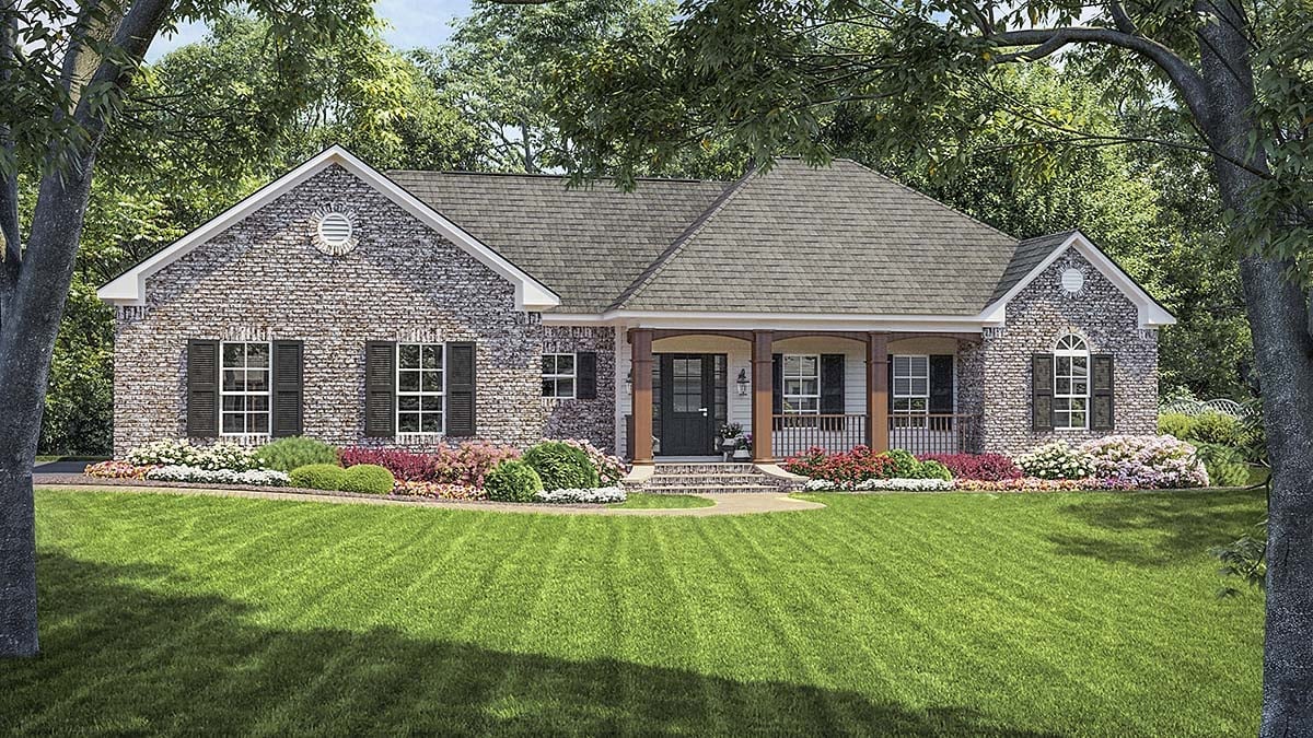 European, Ranch, Traditional Plan with 1751 Sq. Ft., 3 Bedrooms, 2 Bathrooms, 2 Car Garage Elevation