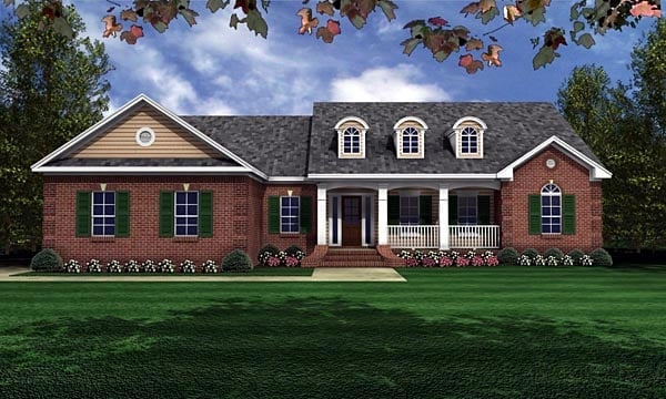 European, Ranch, Traditional Plan with 1751 Sq. Ft., 3 Bedrooms, 2 Bathrooms, 2 Car Garage Elevation