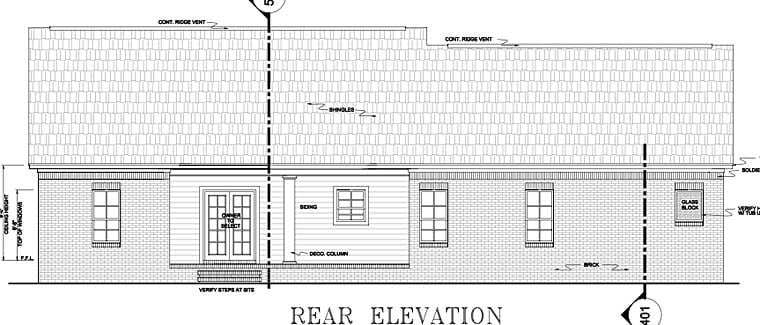 European, Ranch, Traditional Plan with 1751 Sq. Ft., 3 Bedrooms, 2 Bathrooms, 2 Car Garage Rear Elevation