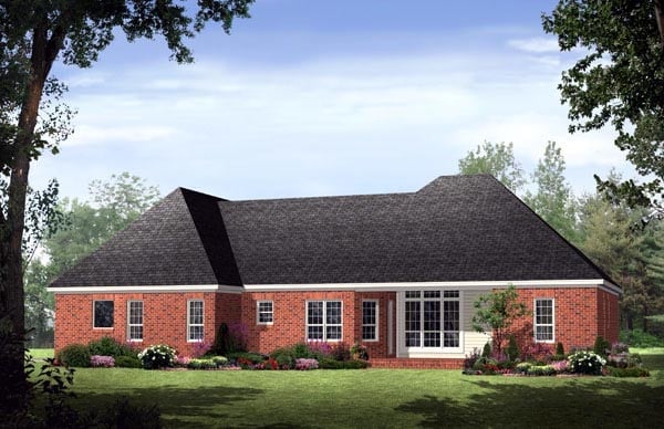 Country, European, Traditional Plan with 1992 Sq. Ft., 3 Bedrooms, 3 Bathrooms, 2 Car Garage Rear Elevation