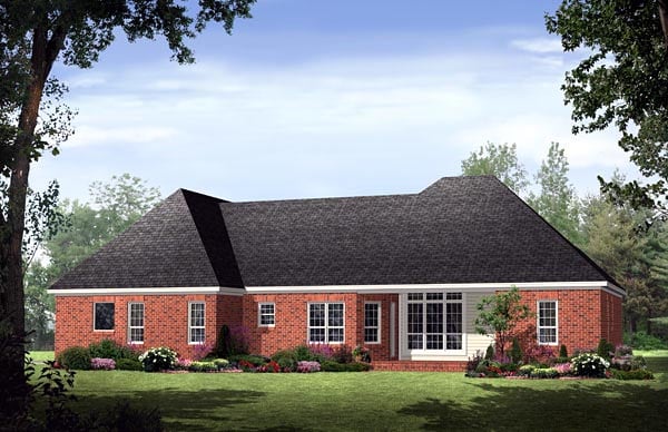 European, Traditional Plan with 1955 Sq. Ft., 3 Bedrooms, 3 Bathrooms, 2 Car Garage Rear Elevation