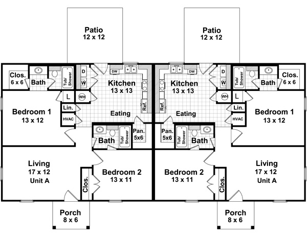 Country, Ranch, Southern Multi-Family Plan 59208 with 4 Bed, 4 Bath Level One