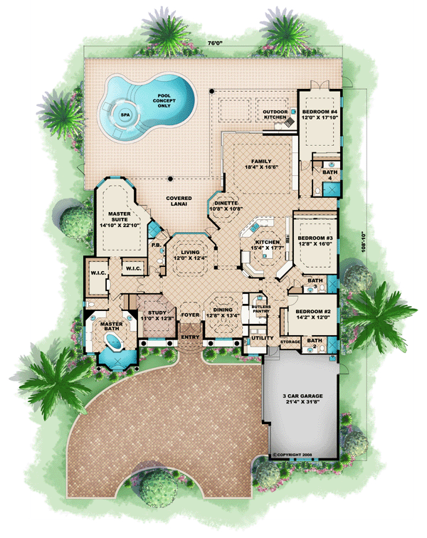 Plan 60416 | Mediterranean Style with 4 Bed, 5 Bath, 3 Car Garage