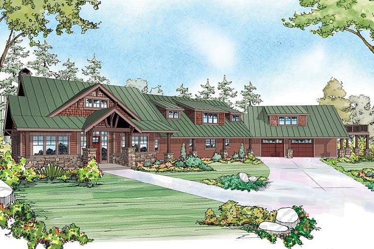 Craftsman, Prairie Style Plan with 3815 Sq. Ft., 3 Bedrooms, 3 Bathrooms, 2 Car Garage Elevation