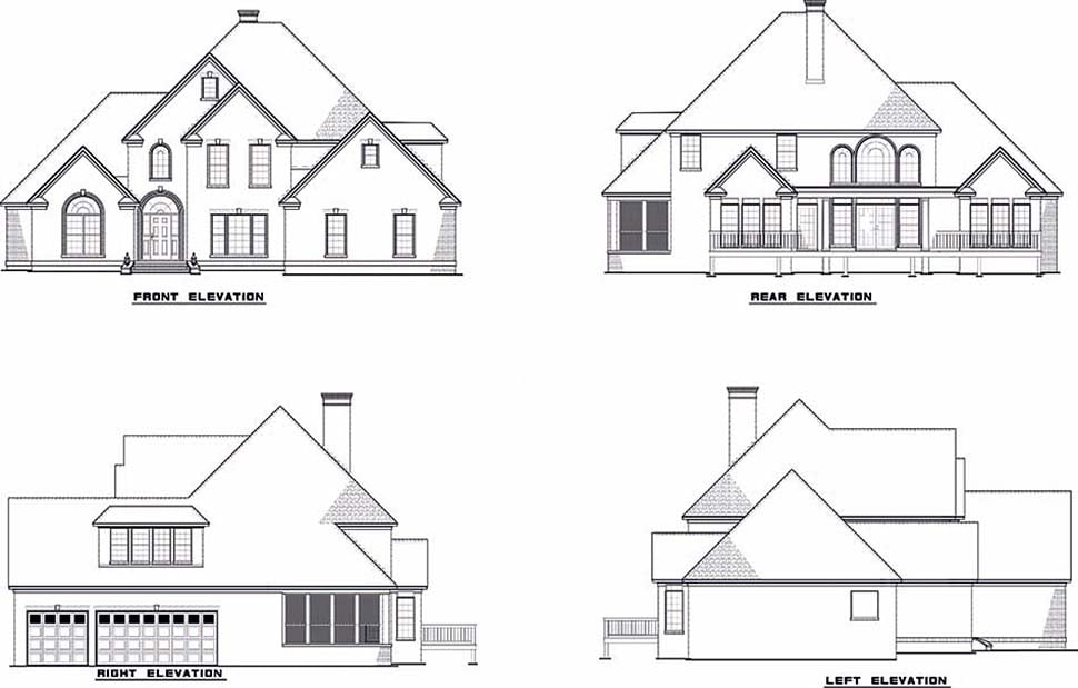 European, Traditional Plan with 3108 Sq. Ft., 4 Bedrooms, 3 Bathrooms, 3 Car Garage Rear Elevation