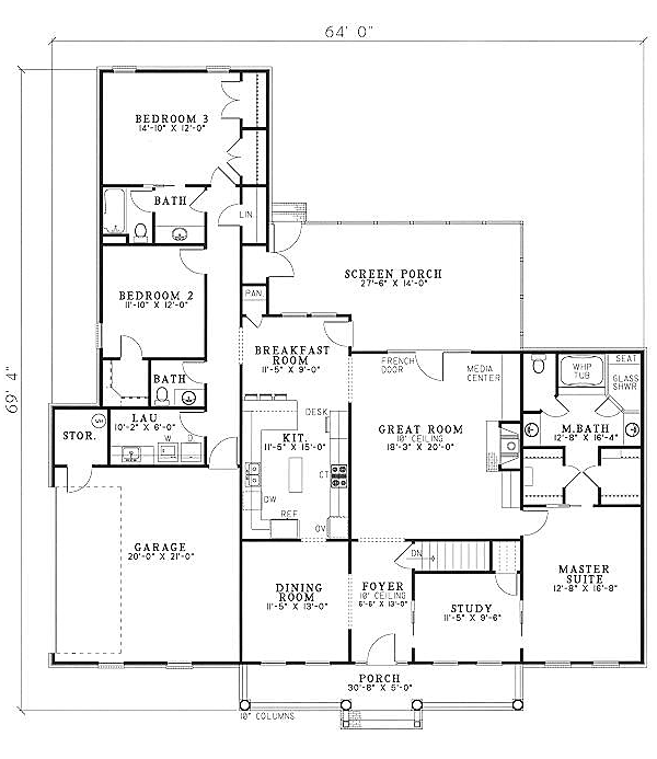 Plan 61097 | Ranch Style with 3 Bed, 3 Bath, 2 Car Garage